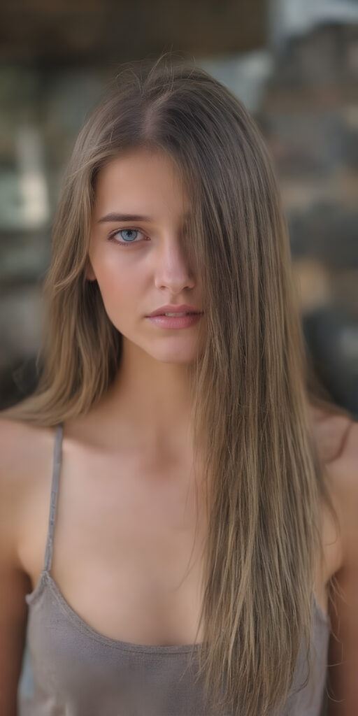 ((full body image)) of a beautiful young adult ((girl)) (very long straight jet and soft brown hair) (cropped tank top) (stunning) (gorgeous)