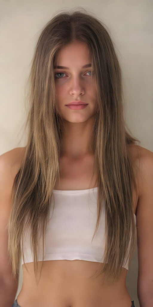 ((full body image)) of a beautiful young adult ((girl)) (very long straight jet and soft brown hair) (cropped tank top) (stunning) (gorgeous)
