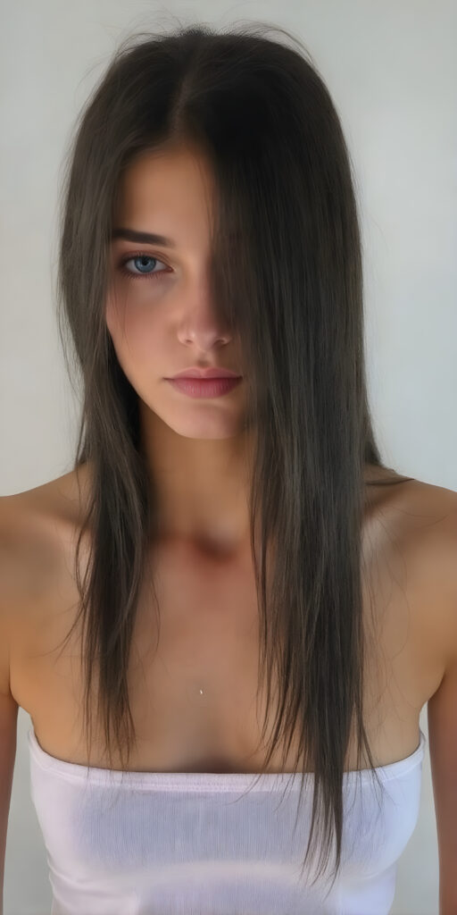 ((full body image)) of a beautiful young Goddess of Love, ((girl)) (very long straight jet hair) (cropped tank top) (stunning) (gorgeous)