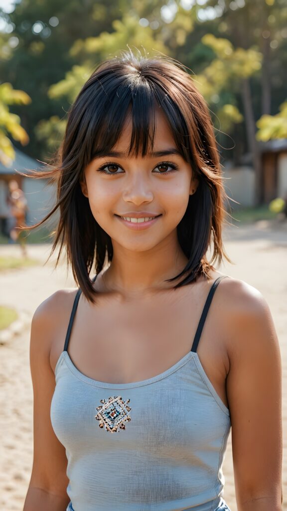 full body of pretty brown-skinned indigenous girl with black soft straight hair, bangs cut, brown eyes, gentle smile, wearing a tank top