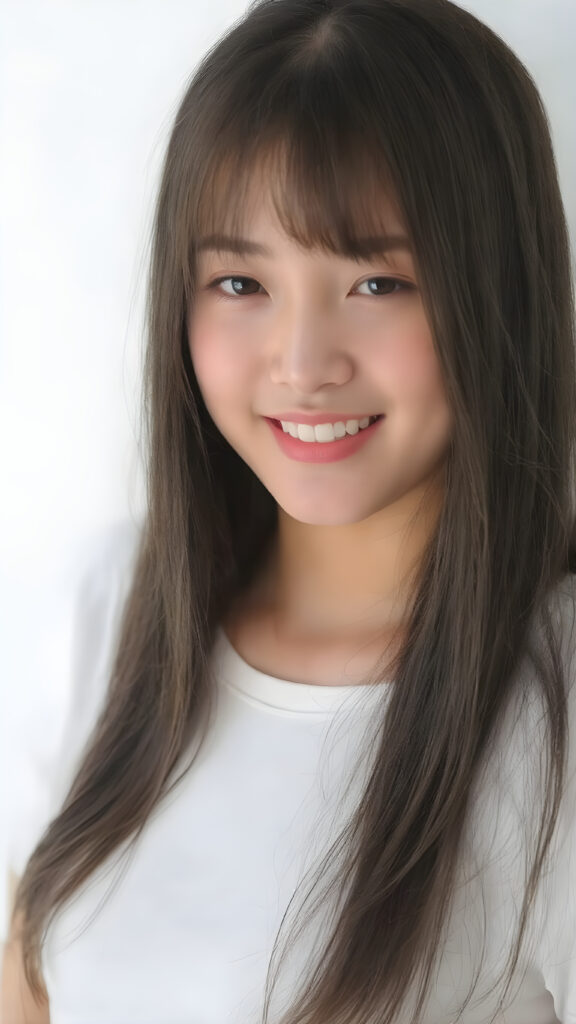 ((full body photo)), a (((gorgeously straight, sleek and shiny, white teeth shining brightly)), in a (((brightly detailed and high quality light and shadow photography))), featuring a (((beautiful young Korean girl))) with (((straight jet soft very long black hair, bangs cut))), her (((skin is beautifully toned and complements her look))), with (((soft, diffused lighting))) that brings out her (((best features))), including (((perfect white balance))) and (((dynamic depth of field))), as if captured by a (((professional studio photography team))), dressed in a sleek fine t-shirt