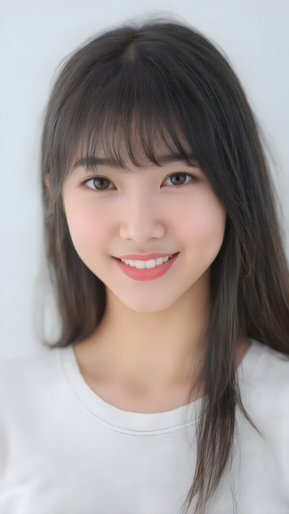 ((full body photo)), a (((gorgeously straight, sleek and shiny, white teeth shining brightly)), in a (((brightly detailed and high quality light and shadow photography))), featuring a (((beautiful young Korean girl))) with (((straight jet soft very long black hair, bangs cut))), her (((skin is beautifully toned and complements her look))), with (((soft, diffused lighting))) that brings out her (((best features))), including (((perfect white balance))) and (((dynamic depth of field))), as if captured by a (((professional studio photography team))), dressed in a sleek fine t-shirt
