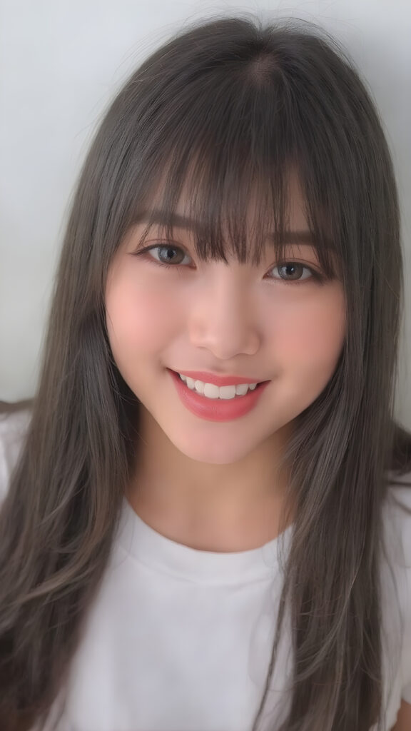 ((full body photo)), a (((gorgeously straight, sleek and shiny, white teeth shining brightly)), in a (((brightly detailed and high quality light and shadow photography))), featuring a (((beautiful young Korean girl))) with (((straight jet soft very long black hair, bangs cut))), her (((skin is beautifully toned and complements her look))), with (((soft, diffused lighting))) that brings out her (((best features))), including (((perfect white balance))) and (((dynamic depth of field))), as if captured by a (((professional studio photography team))), dressed in a sleek fine t-shirt