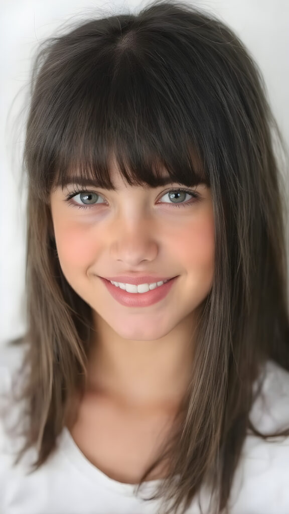 ((full body photo)), a (((gorgeously straight, sleek and shiny, white teeth shining brightly)), in a (((brightly detailed and high quality light and shadow photography))), featuring a (((beautiful young girl))) with (((straight jet soft very long black hair, bangs cut))), her (((skin is beautifully toned and complements her look))), with (((soft, diffused lighting))) that brings out her (((best features))), including (((perfect white balance))) and (((dynamic depth of field))), as if captured by a (((professional studio photography team))), (((dressed in a sleek fine t-shirt. She wears short jeans pants, white shoes)))