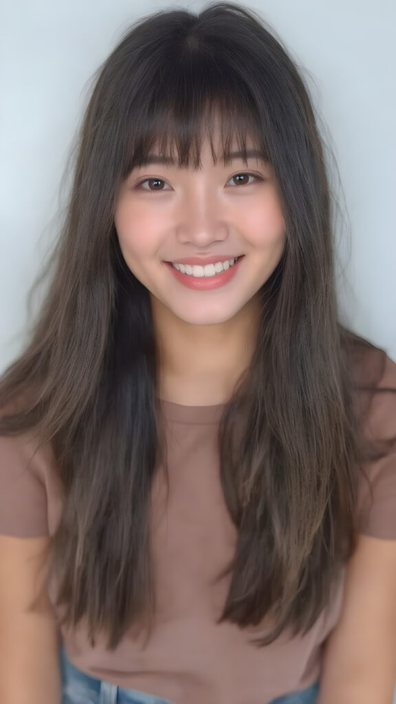 ((full body photo)), a (((gorgeously straight, sleek and shiny, white teeth shining brightly)), in a (((brightly detailed and high quality light and shadow photography))), featuring a (((beautiful young Korean girl))) with (((straight jet soft very long black hair, bangs cut))), her (((skin is beautifully toned and complements her look))), with (((soft, diffused lighting))) that brings out her (((best features))), including (((perfect white balance))) and (((dynamic depth of field))), as if captured by a (((professional studio photography team))), dressed in a sleek fine t-shirt