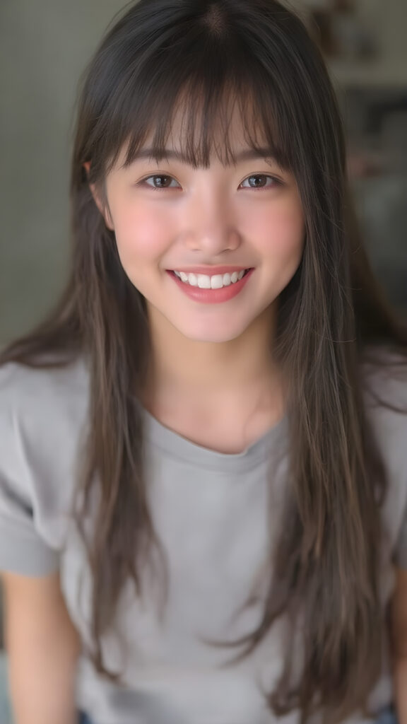 ((full body photo)), a (((gorgeously straight, sleek and shiny, white teeth shining brightly)), in a (((brightly detailed and high quality light and shadow photography))), featuring a (((beautiful young Korean girl))) with (((straight jet soft very long black hair, bangs cut))), her (((skin is beautifully toned and complements her look))), with (((soft, diffused lighting))) that brings out her (((best features))), including (((perfect white balance))) and (((dynamic depth of field))), as if captured by a (((professional studio photography team))), dressed in a sleek fine t-shirt