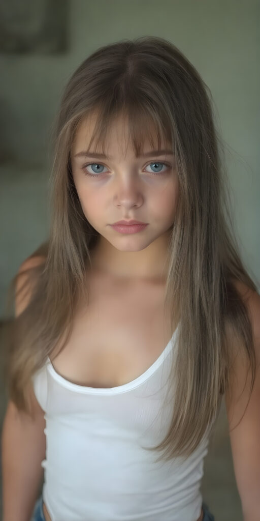 full body photo of a petite teen girl, with jet straight hair cascading down to her waist, capturing big eyes with a seductive expression; wearing a very low cut, tight, translucent, low on the chest, white tank top, sheer, tight, accentuating her curves in a playful, alluring pose, where the focus is on her full figure, perfect legs and a flirty gaze, side view