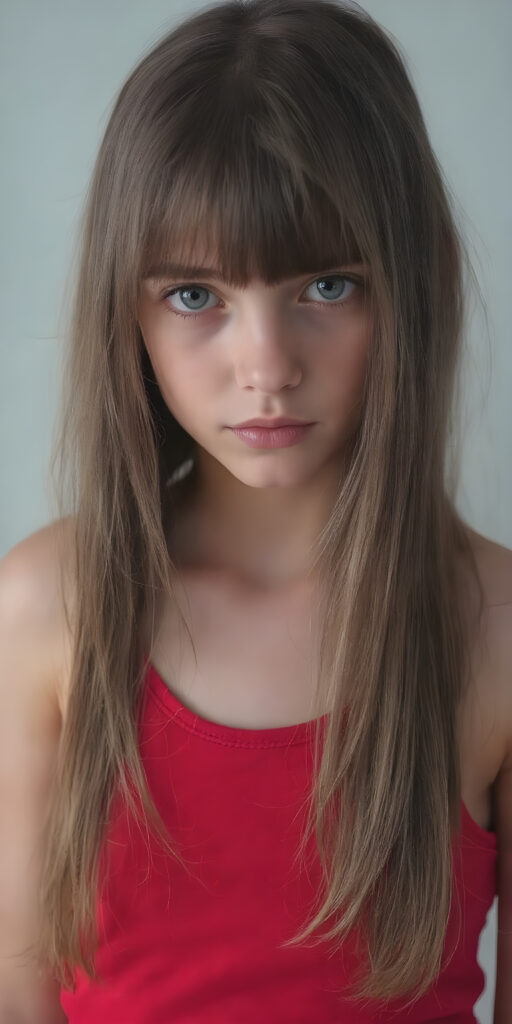 full body photo of a provocative dressed young teen girl, her jet straight brown hair flows down her back, perfectly cascading into a seductive pose, where the hair softly frames her face in bangs cut. The girl has large, captivating eyes that draw you in. Her expression exudes a youthful confidence and playfulness. The girl is wearing a thin, jet red sport tank top that clings to her body in a in a sensual way, deep v-neck, the backdrop is a simple, soft grey background, that gives the girl and her features a dramatic, almost ethereal glow, ((side view))