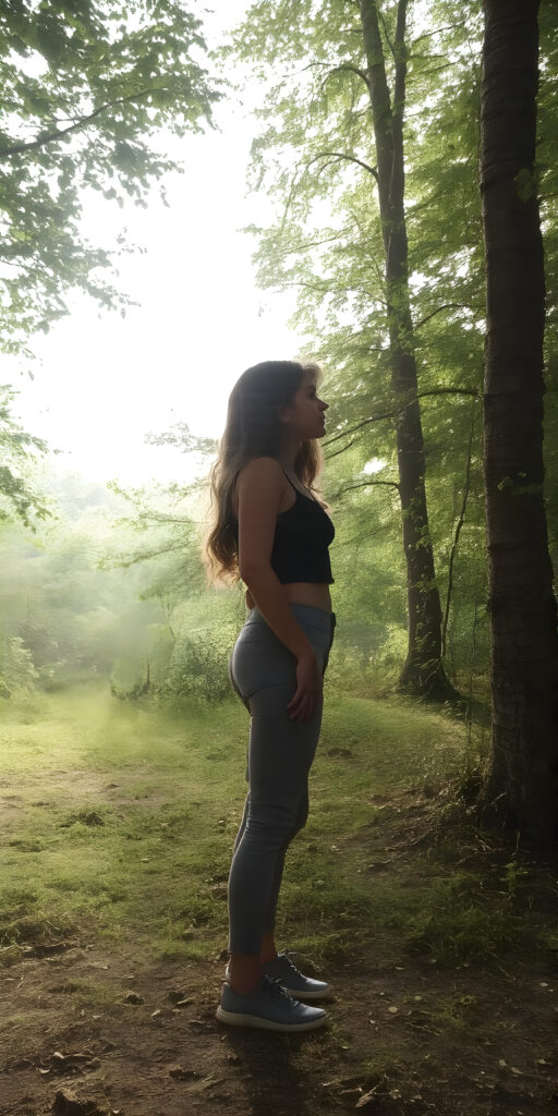 full body photo, a teen girl, in a lifted cropped sport tank top, grey short pants and grey shoes, long wavy hair, stands alone in a green forest, the sun shines through the branches and the rays can be seen in the light mist, she has a perfect curved female fit body, the side view captures the beautiful silhouette of the girl