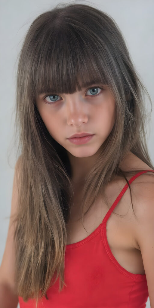 full body photo of a provocative dressed young teen girl, her jet straight brown hair flows down her back, perfectly cascading into a seductive pose, where the hair softly frames her face in bangs cut. The girl has large, captivating eyes that draw you in. Her expression exudes a youthful confidence and playfulness. The girl is wearing a thin, jet red sport tank top that clings to her body in a in a sensual way, deep v-neck, the backdrop is a simple, soft grey background, that gives the girl and her features a dramatic, almost ethereal glow, ((side view))