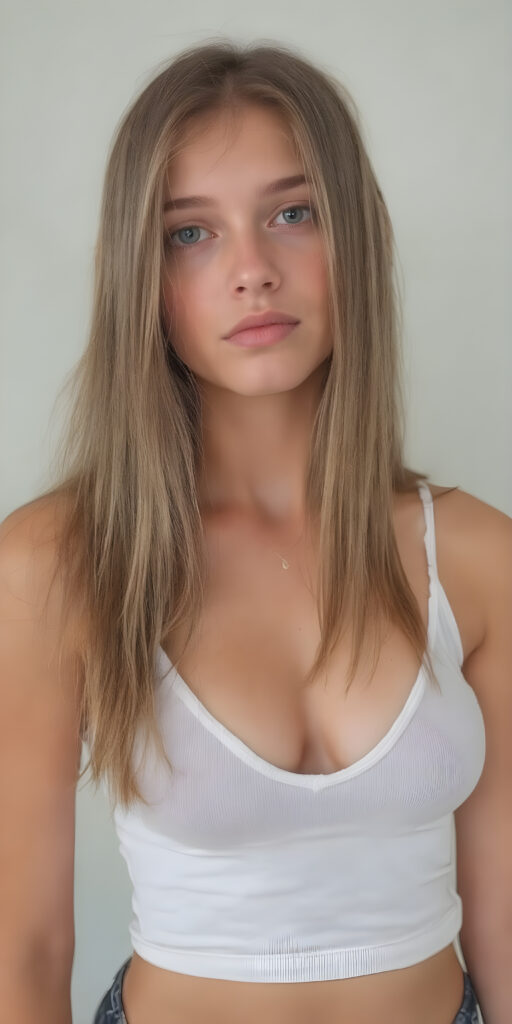 full body photo of a petite teen girl, with jet straight hair cascading down to her waist, capturing big eyes with a seductive expression; wearing a very low cut, tight, translucent, low on the chest, white tank top, sheer, tight, accentuating her curves in a playful, alluring pose, where the focus is on her full figure, perfect legs and a flirty gaze, side view