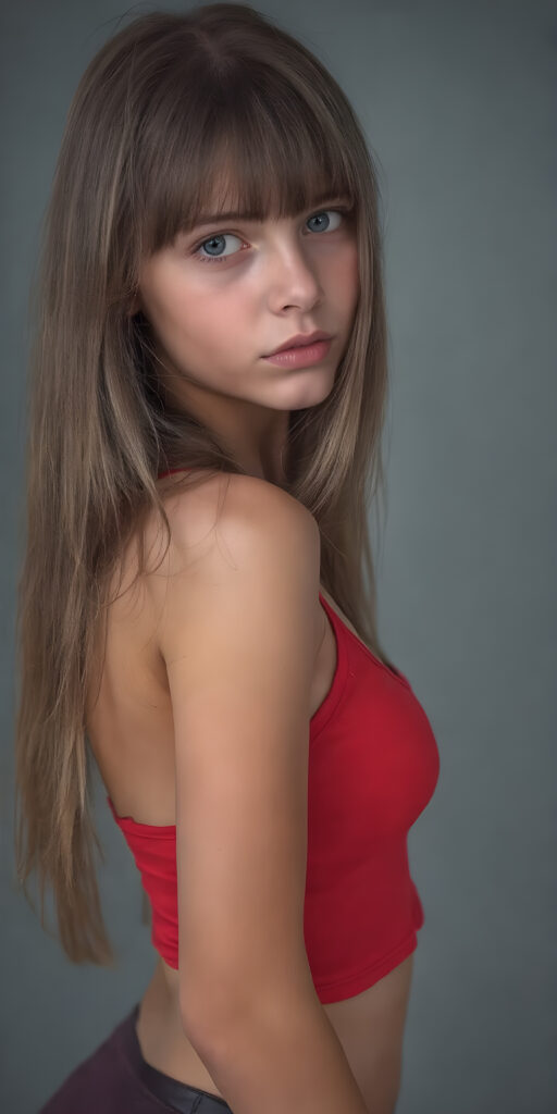 full body photo of a provocative dressed young teen girl, her jet straight brown hair flows down her back, perfectly cascading into a seductive pose, where the hair softly frames her face in bangs cut. The girl has large, captivating eyes that draw you in. Her expression exudes a youthful confidence and playfulness. The girl is wearing a thin, jet red sport tank top that clings to her body in a in a sensual way, deep v-neck, the backdrop is a simple, soft grey background, that gives the girl and her features a dramatic, almost ethereal glow, ((side view))