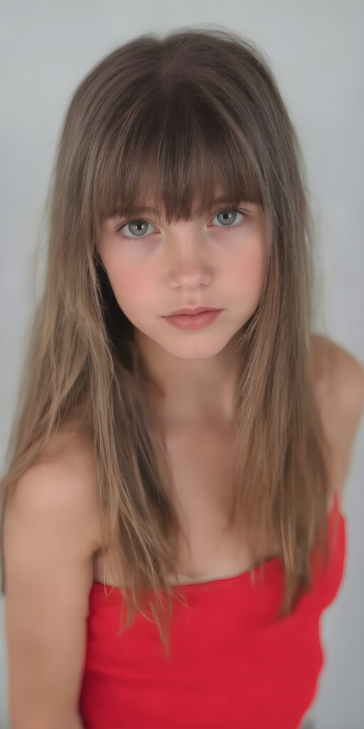 full body photo of a provocative dressed young teen girl, her jet straight brown hair flows down her back, perfectly cascading into a seductive pose, where the hair softly frames her face in bangs cut. The girl has large, captivating eyes that draw you in. Her expression exudes a youthful confidence and playfulness. The girl is wearing a thin, jet red sport tank top that clings to her body in a in a sensual way, deep v-neck, the backdrop is a simple, soft grey background, that gives the girl and her features a dramatic, almost ethereal glow, ((side view))