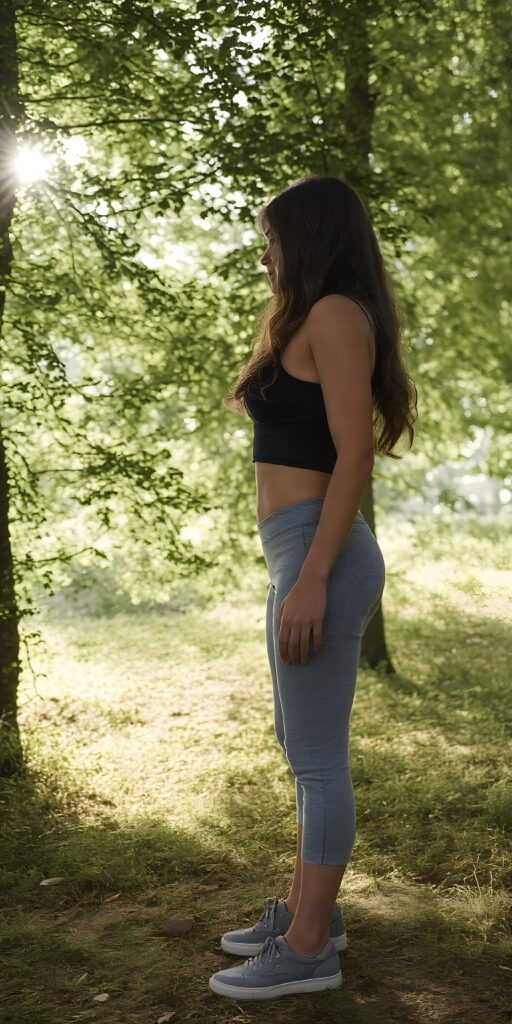 full body photo, a teen girl, in a lifted cropped sport tank top, grey short pants and grey shoes, long wavy hair, stands alone in a green forest, the sun shines through the branches and the rays can be seen in the light mist, she has a perfect curved female fit body, the side view captures the beautiful silhouette of the girl