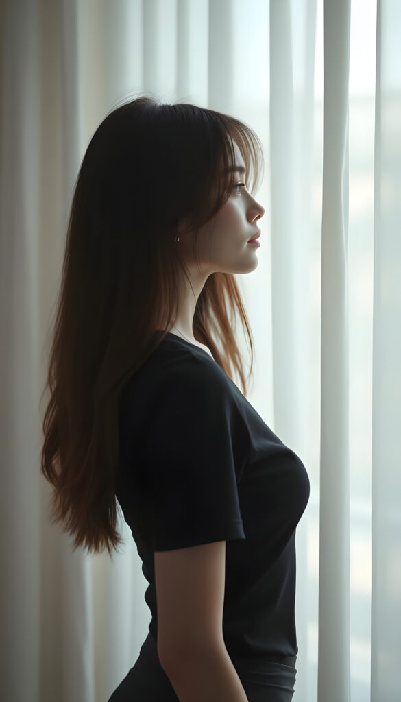 full body pictures, a silhouette of a young girl with long straight soft hair. Side view. She has a perfectly formed body and her feminine curves are set in scene, a white curtain is in the background, she wears a tight black t-shirt