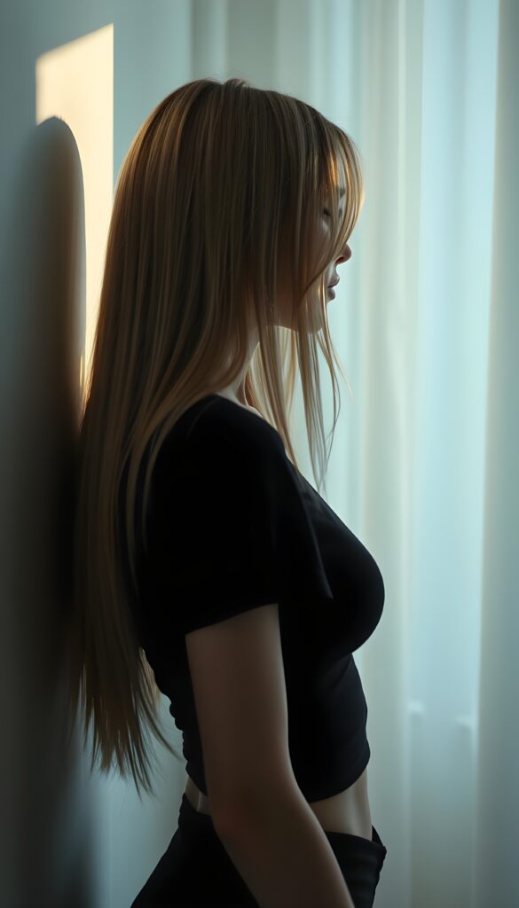 full body pictures, a silhouette of a young girl with long straight soft hair. Side view. She has a perfectly formed body and her feminine curves are set in scene, a white curtain is in the background, she wears a tight black t-shirt