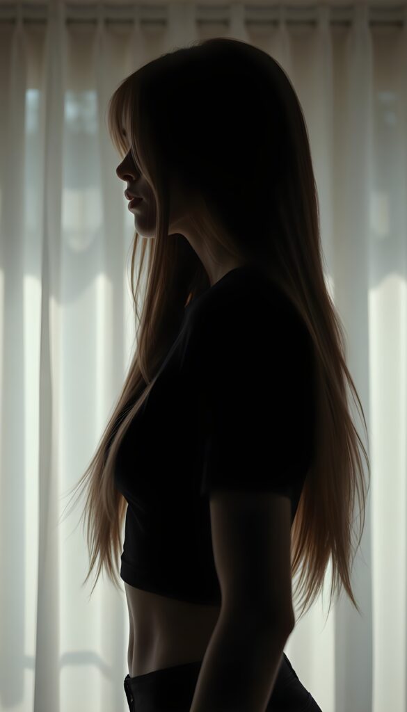 full body pictures, a silhouette of a young girl with long straight soft hair. Side view. She has a perfectly formed body and her feminine curves are set in scene, a white curtain is in the background, she wears a tight black t-shirt