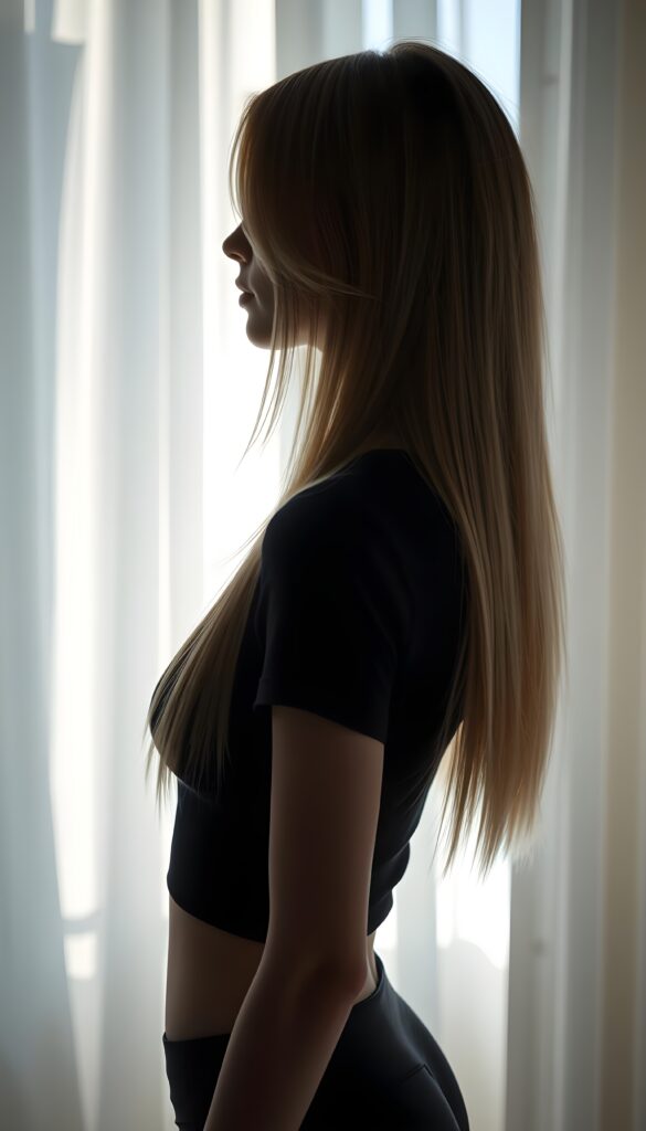 full body pictures, a silhouette of a young girl with long straight soft hair. Side view. She has a perfectly formed body and her feminine curves are set in scene, a white curtain is in the background, she wears a tight black t-shirt