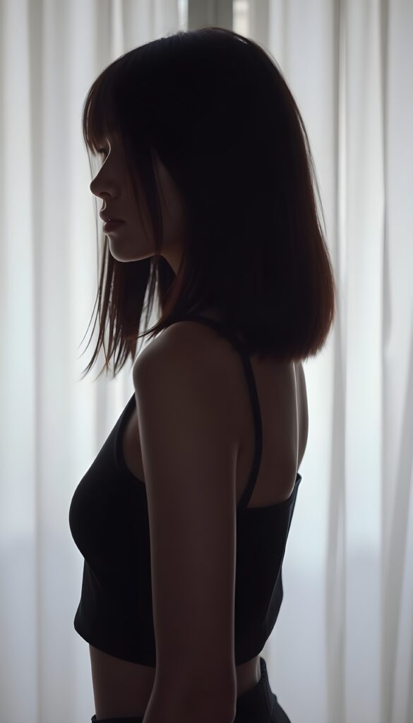 full body pictures, a silhouette of a young girl with long straight soft hair. Side view. She has a perfectly formed body and her feminine curves are set in scene, a white curtain is in the background, she wears a tight black t-shirt