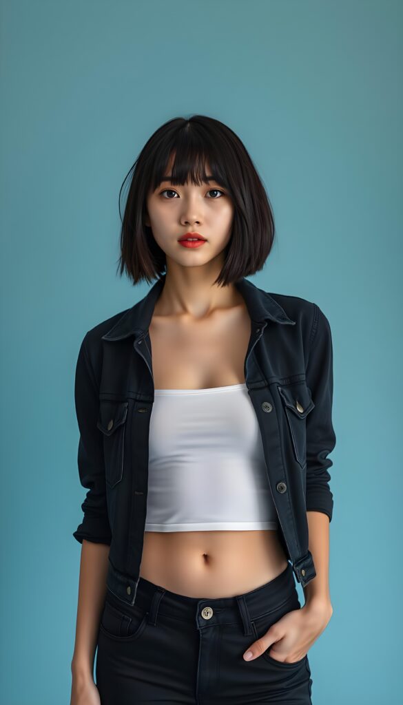 full body portrait of a young Asian woman in her early 20s, standing, relaxed pose, looking at the camera, natural proportions, wearing a black open denim jacket over a thin white cropped tank top, black slim-fit jeans, straight black bob haircut, pale makeup with light foundation and deep red full lips, light blue studio background, soft studio lighting, subtle shadows, 50mm lens, shallow depth of field, photorealistic, high detail, natural skin texture