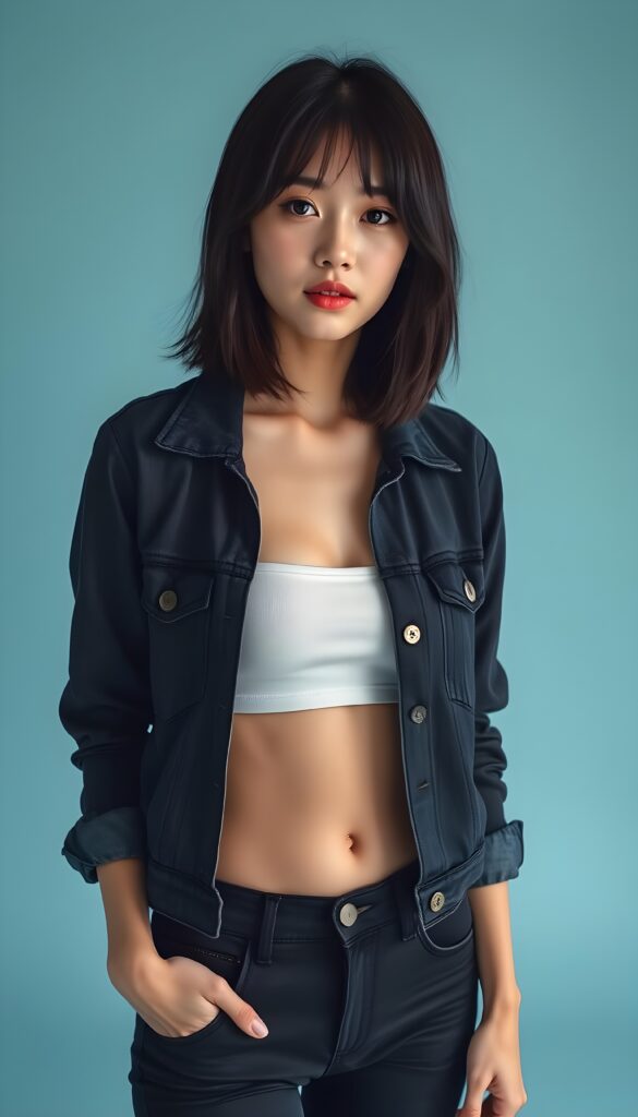 full body portrait of a young Asian woman in her early 20s, standing, relaxed pose, looking at the camera, natural proportions, wearing a black open denim jacket over a thin white cropped tank top, black slim-fit jeans, straight black bob haircut, pale makeup with light foundation and deep red full lips, light blue studio background, soft studio lighting, subtle shadows, 50mm lens, shallow depth of field, photorealistic, high detail, natural skin texture