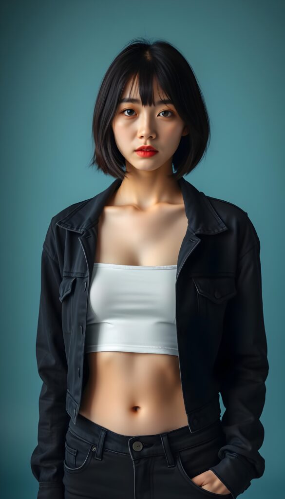 full body portrait of a young Asian woman in her early 20s, standing, relaxed pose, looking at the camera, natural proportions, wearing a black open denim jacket over a thin white cropped tank top, black slim-fit jeans, straight black bob haircut, pale makeup with light foundation and deep red full lips, light blue studio background, soft studio lighting, subtle shadows, 50mm lens, shallow depth of field, photorealistic, high detail, natural skin texture