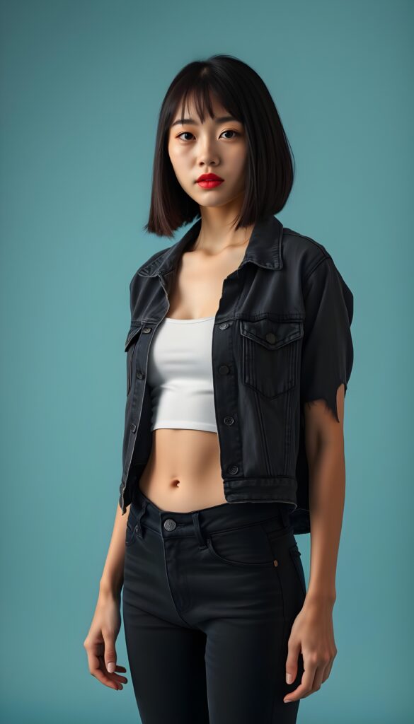 full body portrait of a young Asian woman in her early 20s, standing, relaxed pose, looking at the camera, natural proportions, wearing a black open denim jacket over a thin white cropped tank top, black slim-fit jeans, straight black bob haircut, pale makeup with light foundation and deep red full lips, light blue studio background, soft studio lighting, subtle shadows, 50mm lens, shallow depth of field, photorealistic, high detail, natural skin texture