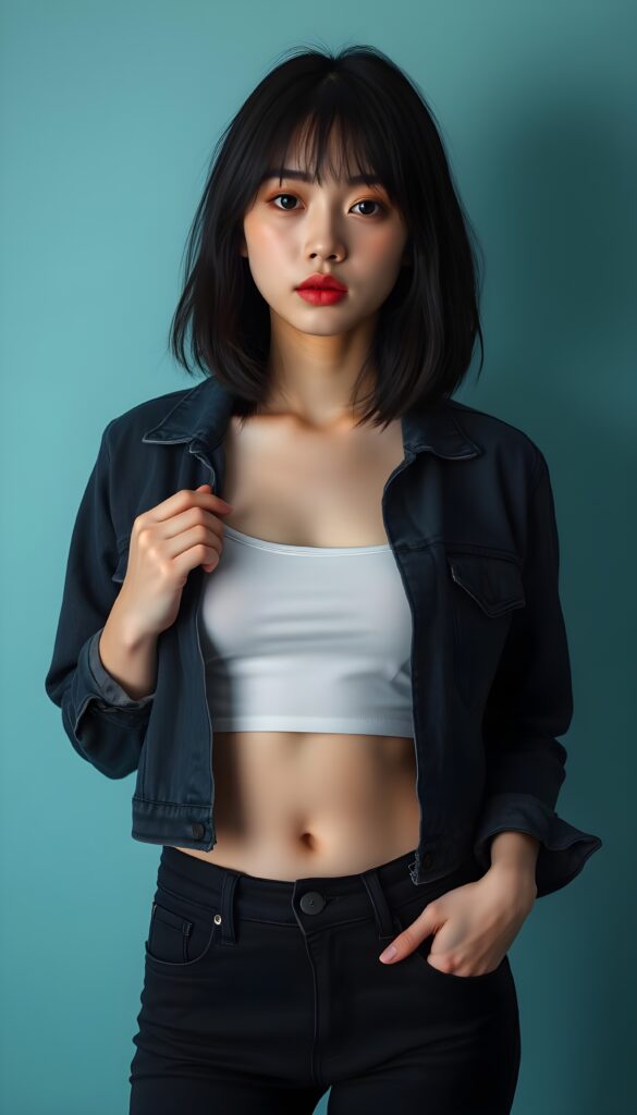 full body portrait of a young Asian woman in her early 20s, standing, relaxed pose, looking at the camera, natural proportions, wearing a black open denim jacket over a thin white cropped tank top, black slim-fit jeans, straight black bob haircut, pale makeup with light foundation and deep red full lips, light blue studio background, soft studio lighting, subtle shadows, 50mm lens, shallow depth of field, photorealistic, high detail, natural skin texture