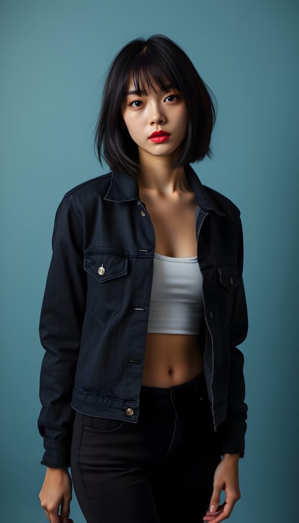 full body portrait of a young Asian woman in her early 20s, standing, relaxed pose, looking at the camera, natural proportions, wearing a black open denim jacket over a thin white cropped tank top, black slim-fit jeans, straight black bob haircut, pale makeup with light foundation and deep red full lips, light blue studio background, soft studio lighting, subtle shadows, 50mm lens, shallow depth of field, photorealistic, high detail, natural skin texture