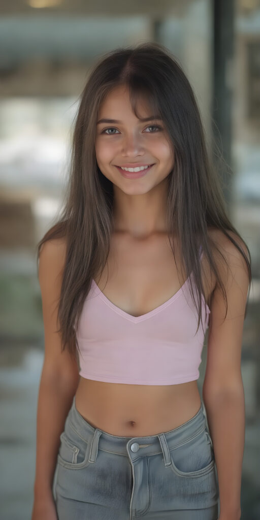 (((full body shot)) a (((vividly beautiful young adult girl))), with incredibly strong, thick, natural legs and a perfectly toned, intricate female form, dressed in a (((short cropped tank top, deep v-neck and short jeans pants))) that emphasizes her natural beauty, featuring straight, full soft long black hair that gives off a gentle glow. Her smile radiates warmth and confidence, perfectly accentuating her adult face. She exudes perfect physical and emotional health, representing a stunning 8K image that captures her perfectly serene yet playful essence