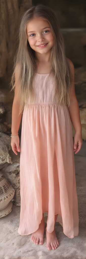 (((full body shot)) a (((vividly beautiful young girl, 18 years old))), with incredibly strong, thick, natural legs and a perfectly toned, intricate female form, dressed in a (((extremely light long dress))) that emphasizes her natural beauty, featuring straight, full soft hair that gives off a gentle glow. Her smile radiates warmth and confidence, perfectly accentuating her adult face. She exudes perfect physical and emotional health, representing a stunning 8K image that captures her perfectly serene yet playful essence