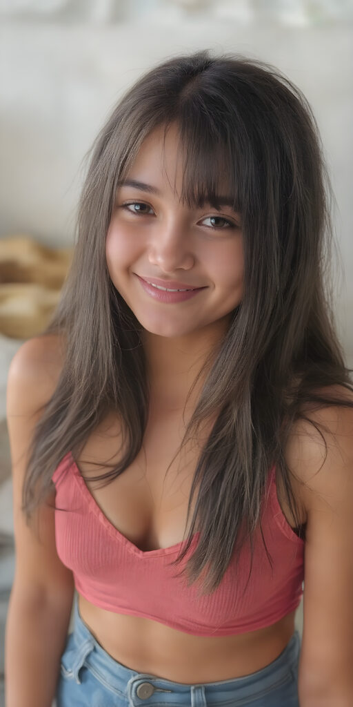 (((full body shot)) a (((vividly beautiful young adult girl))), with incredibly strong, thick, natural legs and a perfectly toned, intricate female form, dressed in a (((short cropped tank top, deep v-neck and short jeans pants))) that emphasizes her natural beauty, featuring straight, full soft long black hair that gives off a gentle glow. Her smile radiates warmth and confidence, perfectly accentuating her adult face. She exudes perfect physical and emotional health, representing a stunning 8K image that captures her perfectly serene yet playful essence