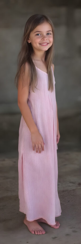 (((full body shot)) a (((vividly beautiful young girl, 18 years old))), with incredibly strong, thick, natural legs and a perfectly toned, intricate female form, dressed in a (((extremely light long dress))) that emphasizes her natural beauty, featuring straight, full soft hair that gives off a gentle glow. Her smile radiates warmth and confidence, perfectly accentuating her adult face. She exudes perfect physical and emotional health, representing a stunning 8K image that captures her perfectly serene yet playful essence