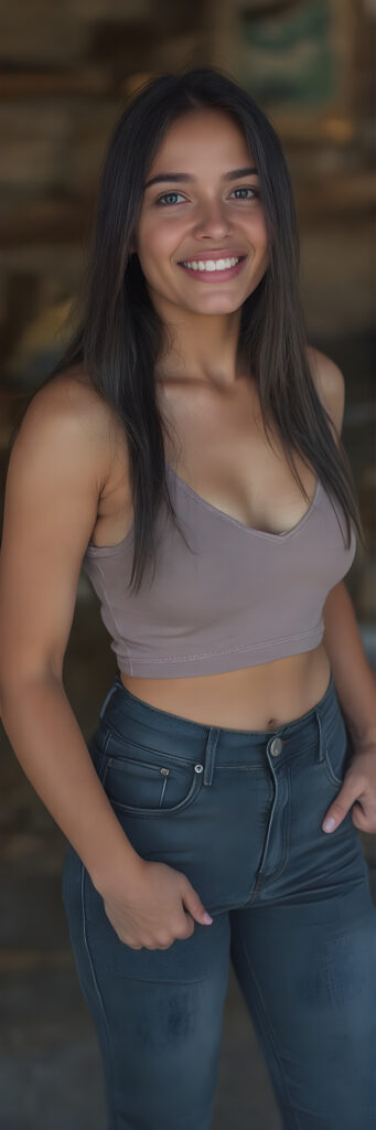 (((full body shot)) a (((vividly beautiful young adult girl, 18 years old))), with incredibly strong, thick, natural legs and a perfectly toned, intricate female form, dressed in a (((short cropped tank top, deep v-neck and short jeans pants))) that emphasizes her natural beauty, featuring straight, full soft long black hair that gives off a gentle glow. Her smile radiates warmth and confidence, perfectly accentuating her adult face. She exudes perfect physical and emotional health, representing a stunning 8K image that captures her perfectly serene yet playful essence