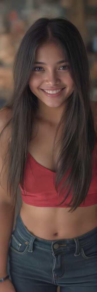 (((full body shot)) a (((vividly beautiful young adult girl, 18 years old))), with incredibly strong, thick, natural legs and a perfectly toned, intricate female form, dressed in a (((short cropped tank top, deep v-neck and short jeans pants))) that emphasizes her natural beauty, featuring straight, full soft long black hair that gives off a gentle glow. Her smile radiates warmth and confidence, perfectly accentuating her adult face. She exudes perfect physical and emotional health, representing a stunning 8K image that captures her perfectly serene yet playful essence