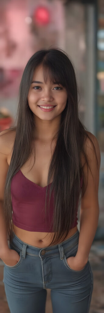 (((full body shot)) a (((vividly beautiful young adult girl, 18 years old))), with incredibly strong, thick, natural legs and a perfectly toned, intricate female form, dressed in a (((short cropped tank top, deep v-neck and short jeans pants))) that emphasizes her natural beauty, featuring straight, full soft long black hair that gives off a gentle glow. Her smile radiates warmth and confidence, perfectly accentuating her adult face. She exudes perfect physical and emotional health, representing a stunning 8K image that captures her perfectly serene yet playful essence