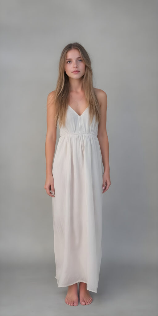 (((full body shot)) a (((vividly beautiful girl, 21 years old))), with incredibly strong, thick, natural legs and a perfectly toned, intricate female form, in a (((light long dress))) that emphasizes her natural beauty, featuring straight, full soft hair that gives off a gentle glow. She exudes perfect physical and emotional health, representing a stunning 8K image that captures her perfectly serene yet playful essence, all against a grey studio backdrop