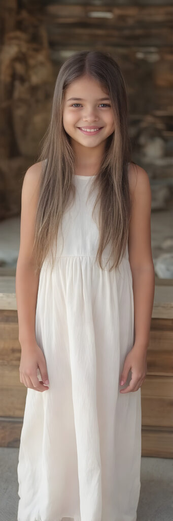 (((full body shot)) a (((vividly beautiful young girl, 18 years old))), with incredibly strong, thick, natural legs and a perfectly toned, intricate female form, dressed in a (((extremely light long dress))) that emphasizes her natural beauty, featuring straight, full soft hair that gives off a gentle glow. Her smile radiates warmth and confidence, perfectly accentuating her adult face. She exudes perfect physical and emotional health, representing a stunning 8K image that captures her perfectly serene yet playful essence