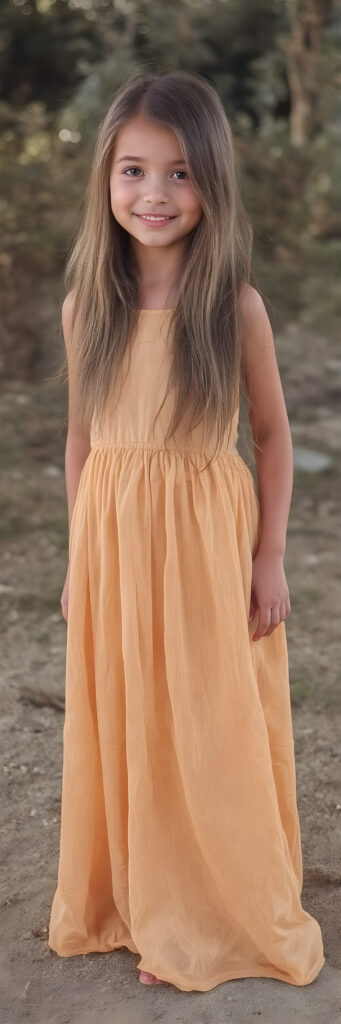 (((full body shot)) a (((vividly beautiful young girl, 18 years old))), with incredibly strong, thick, natural legs and a perfectly toned, intricate female form, dressed in a (((extremely light long dress))) that emphasizes her natural beauty, featuring straight, full soft hair that gives off a gentle glow. Her smile radiates warmth and confidence, perfectly accentuating her adult face. She exudes perfect physical and emotional health, representing a stunning 8K image that captures her perfectly serene yet playful essence