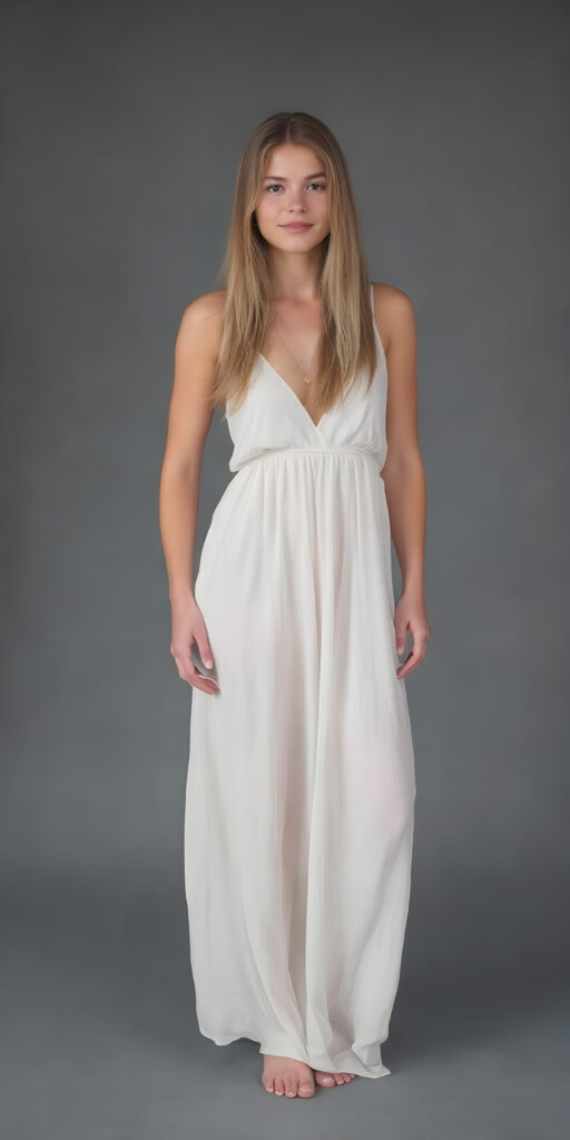(((full body shot)) a (((vividly beautiful girl, 21 years old))), with incredibly strong, thick, natural legs and a perfectly toned, intricate female form, in a (((light long dress))) that emphasizes her natural beauty, featuring straight, full soft hair that gives off a gentle glow. She exudes perfect physical and emotional health, representing a stunning 8K image that captures her perfectly serene yet playful essence, all against a grey studio backdrop