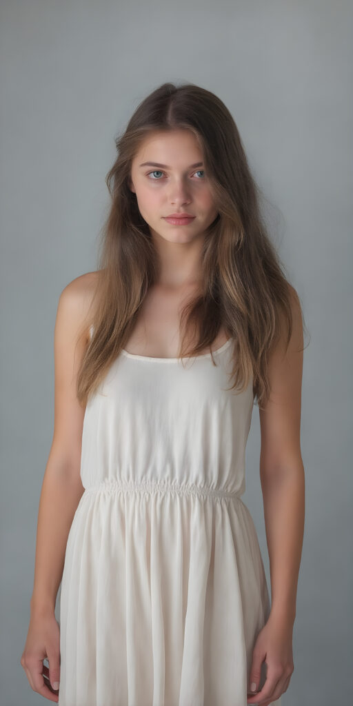 (((full body shot)) a (((vividly beautiful girl, 21 years old))), with incredibly strong, thick, natural legs and a perfectly toned, intricate female form, in a (((light long dress))) that emphasizes her natural beauty, featuring straight, full soft hair that gives off a gentle glow. She exudes perfect physical and emotional health, representing a stunning 8K image that captures her perfectly serene yet playful essence, all against a grey studio backdrop