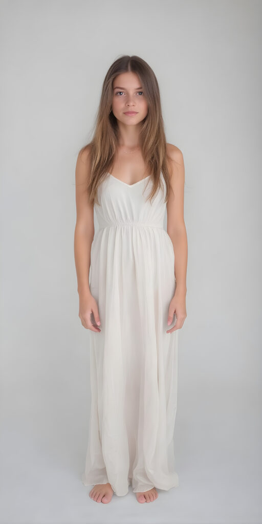 (((full body shot)) a (((vividly beautiful girl, 21 years old))), with incredibly strong, thick, natural legs and a perfectly toned, intricate female form, in a (((light long dress))) that emphasizes her natural beauty, featuring straight, full soft hair that gives off a gentle glow. She exudes perfect physical and emotional health, representing a stunning 8K image that captures her perfectly serene yet playful essence, all against a grey studio backdrop