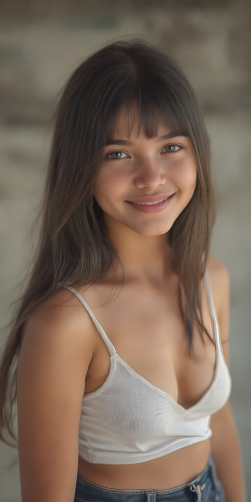 (((full body shot)) a (((vividly beautiful young adult girl))), with incredibly strong, thick, natural legs and a perfectly toned, intricate female form, dressed in a (((short cropped tank top, deep v-neck and short jeans pants))) that emphasizes her natural beauty, featuring straight, full soft long black hair that gives off a gentle glow. Her smile radiates warmth and confidence, perfectly accentuating her adult face. She exudes perfect physical and emotional health, representing a stunning 8K image that captures her perfectly serene yet playful essence