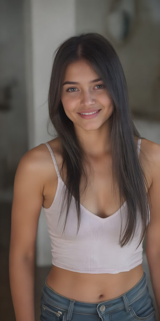 (((full body shot)) a (((vividly beautiful young adult girl))), with incredibly strong, thick, natural legs and a perfectly toned, intricate female form, dressed in a (((short cropped tank top, deep v-neck and short jeans pants))) that emphasizes her natural beauty, featuring straight, full soft long black hair that gives off a gentle glow. Her smile radiates warmth and confidence, perfectly accentuating her adult face. She exudes perfect physical and emotional health, representing a stunning 8K image that captures her perfectly serene yet playful essence