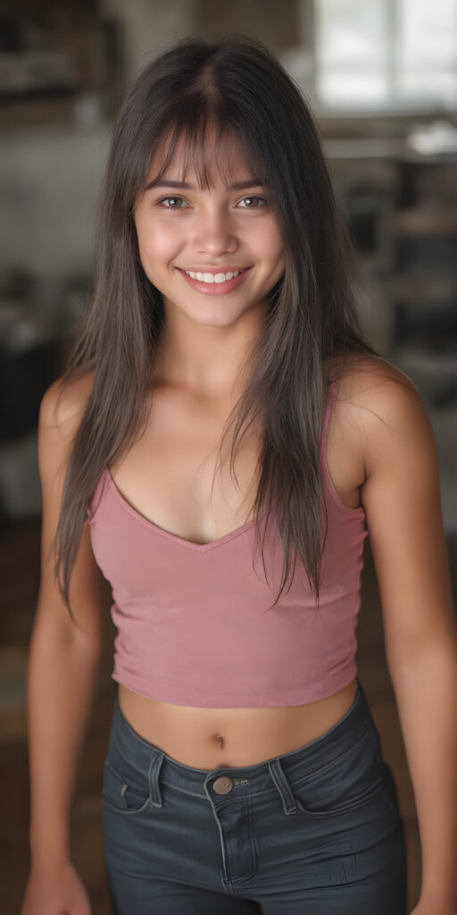 (((full body shot)) a (((vividly beautiful young adult girl))), with incredibly strong, thick, natural legs and a perfectly toned, intricate female form, dressed in a (((short cropped tank top, deep v-neck and short jeans pants))) that emphasizes her natural beauty, featuring straight, full soft long black hair that gives off a gentle glow. Her smile radiates warmth and confidence, perfectly accentuating her adult face. She exudes perfect physical and emotional health, representing a stunning 8K image that captures her perfectly serene yet playful essence