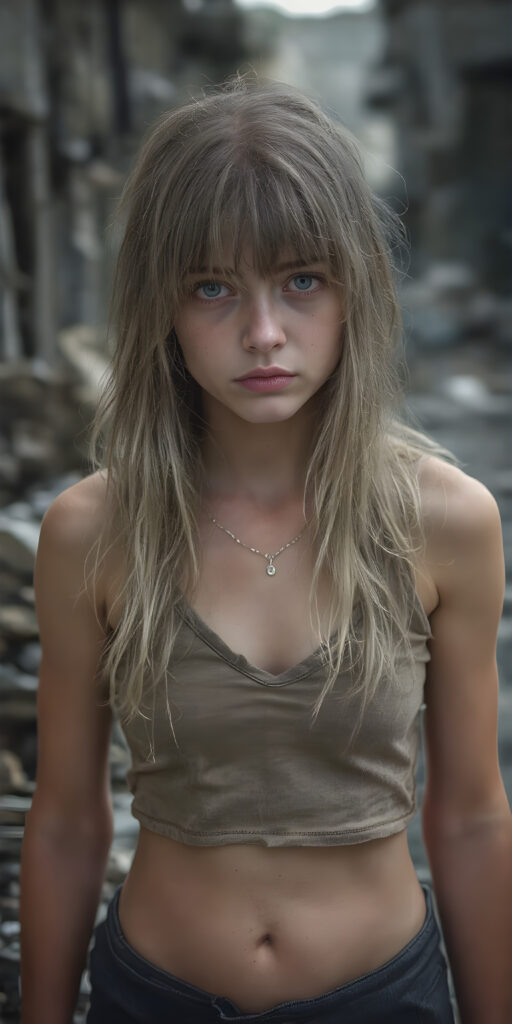 ((full body shot)) a poignant and emotionally resonant image portraying a young, abandoned, and destitute adult busty teen girl, clad in a tattered, short cropped tank top, deep v-neck, short skirt, with very long, messy blond brown wet straight hair, bangs frame her round face, showcasing her pale, emaciated, and slightly skeletal features. She stands in front, looking mournfully at the viewer, she stands in a destroyed and devastated city in the street, photo-realistic, high-resolution image, capturing the essence of a teenager's psychological and emotional state, she has a perfect curved female body, realistic colors, perfect light and shadows, wears a fine silver necklace, shows her perfect belly button