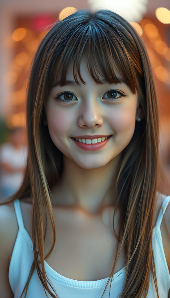 ((full body shot)) a vibrant and whimsical scene featuring a innocent gorgeous and stunning teenage girl with adorable style bangs and a perfectly curved silhouette. Her ultra-realistic round face is adorned with sparkling amber eyes and a subtle smile, revealing her white teeth. Her long, straight open soft brown hair with blond highlights has the same length right and left, cascades down in a soft, flowing manner. She wears a crisp white camisole, deep neck, adding to her fresh and youthful appearance. The image is richly saturated, with deep shadows and ultra-high, resolution, making it a stunning masterpiece that captures the essence of innocence and beauty, view from the front, studio backdrop