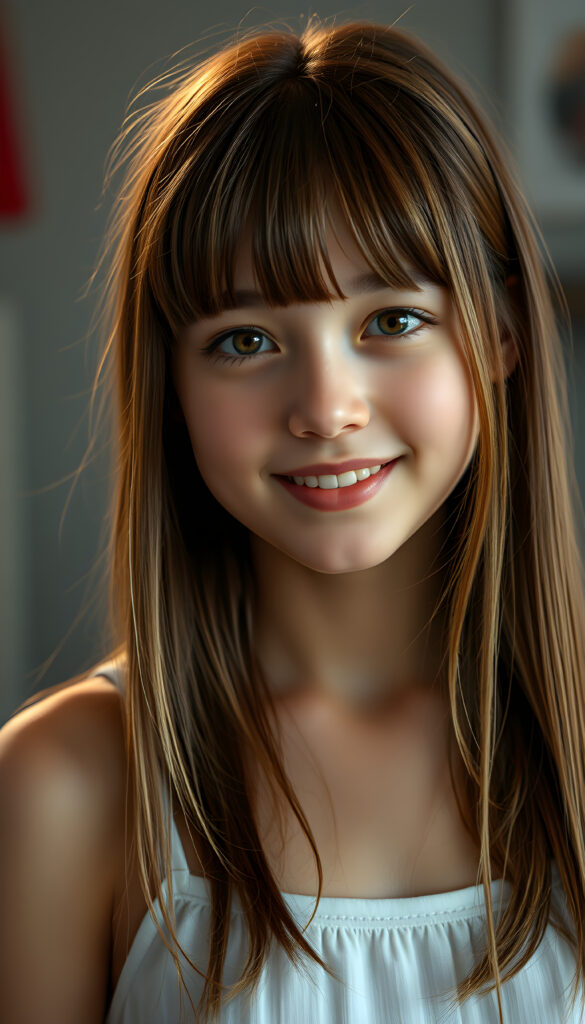 ((full body shot)) a vibrant and whimsical scene featuring a innocent gorgeous and stunning teenage girl with adorable style bangs and a perfectly curved silhouette. Her ultra-realistic round face is adorned with sparkling amber eyes and a subtle smile, revealing her white teeth. Her long, straight open soft brown hair with blond highlights has the same length right and left, cascades down in a soft, flowing manner. She wears a crisp white camisole, deep neck, adding to her fresh and youthful appearance. The image is richly saturated, with deep shadows and ultra-high, resolution, making it a stunning masterpiece that captures the essence of innocence and beauty, view from the front, studio backdrop