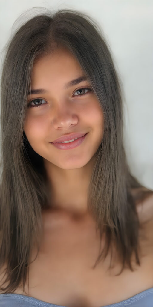 ((full body shot)) a joyfully cute (((young tanned teen girl))), with long, soft straight black (((hair))), the hair falls gently over her upper body and is the same length on both sides, exquisitely detailed amber eyes, dressed in a sleek, form-fitting blue (((crop tank top))), she has a perfect curved fit body, full lips, her expression radiating pure elation towards the viewer, detailed, realistic, 4k