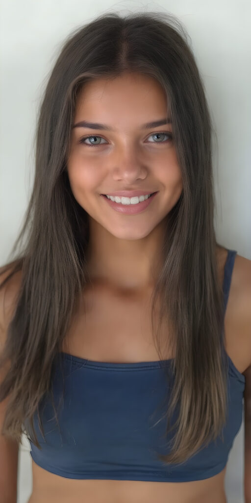((full body shot)) a joyfully cute (((young tanned teen girl))), with long, soft straight black (((hair))), the hair falls gently over her upper body and is the same length on both sides, exquisitely detailed amber eyes, dressed in a sleek, form-fitting blue (((crop tank top))), she has a perfect curved fit body, full lips, her expression radiating pure elation towards the viewer, detailed, realistic, 4k